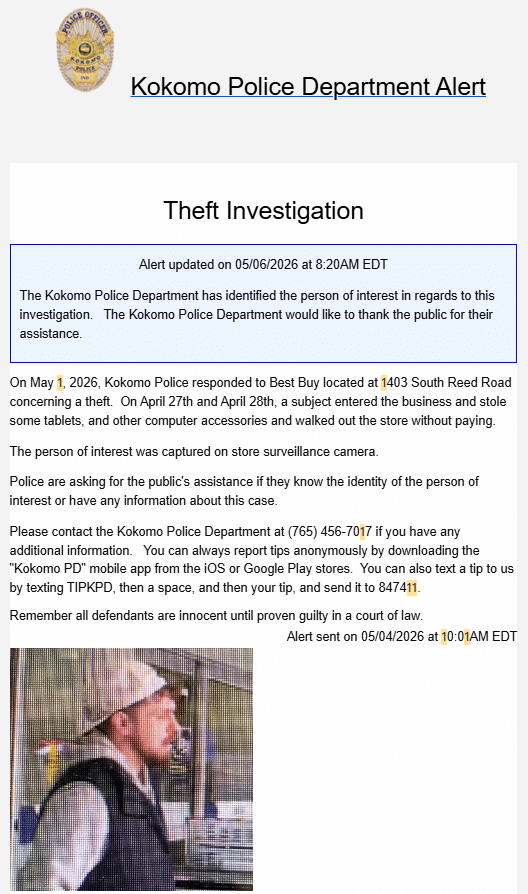 Kokomo PD Theft Alert Update